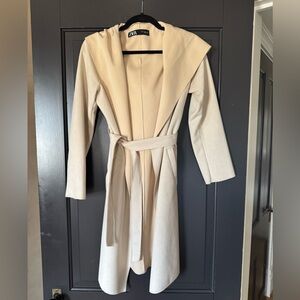 Zara Beige Suede Hooded Belted Coat